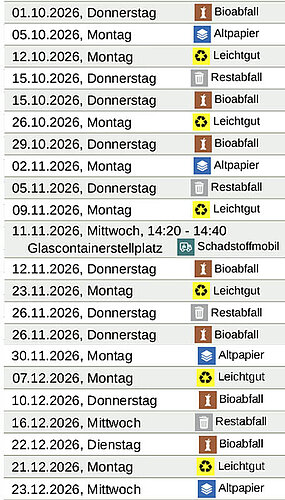 Vierteljahreskalender viertes Quartal 2026 mit Entsorgungsterminen